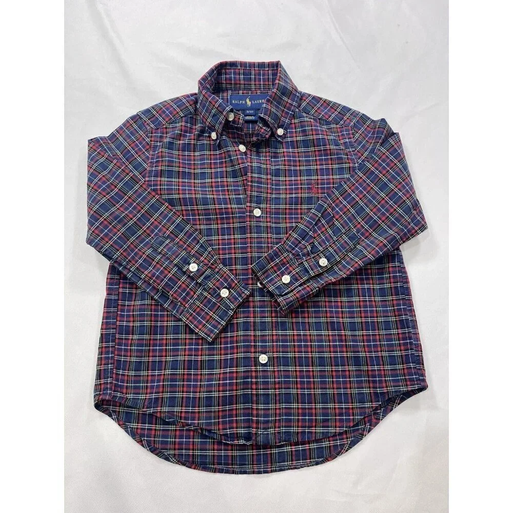 POLO RALPH LAUREN Boys Long Sleeve Button Down shirt button front 3T Navy Red